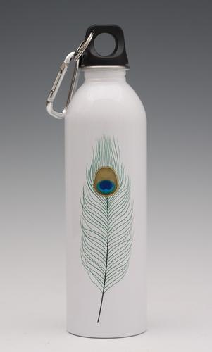 Peacock feather on white - water bottle from EarthLust