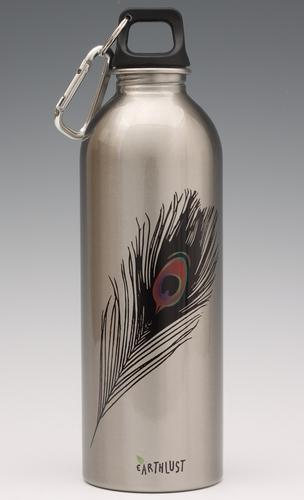 Peacock feather on silver - water bottle from EarthLust